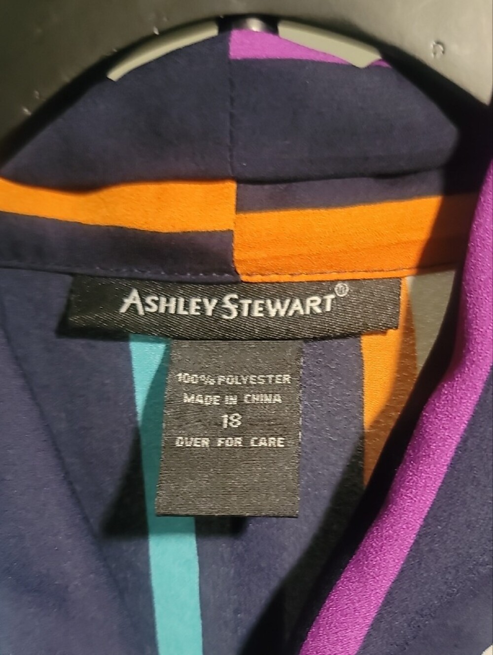 Ashley Stewart Navy Striped Bow-Tie Blouse with Orange, Teal & Purple Accents - Picture 2 of 4
